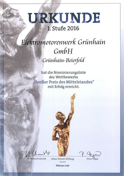 Urkunde für die EMGR zur Nominierung zum "Großen Preis des Mittelstands" 2016. (Foto: EMGR)